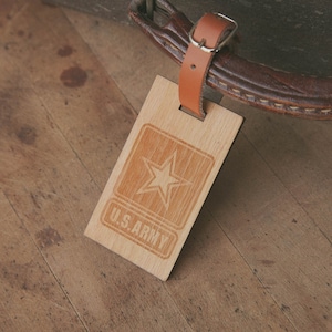 US Army Emblem with Star - Beautiful Wooden ID Name Tag Custom Made with Your Name & Address with optional Phone or Email Address