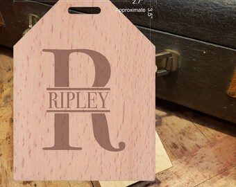 BOLD Initial R Featuring Your Last Name - Beautiful Wooden ID Name Tag Custom Made with optional Name, Address, Phone and/or Email Address
