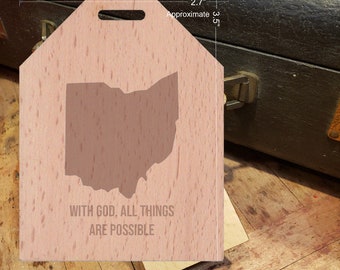 BOLD Ohio State Motto - Beautiful Wooden ID Name Tag Custom Made with optional Name, Address, Phone and/or Email Address