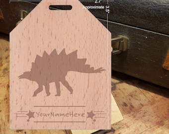 Children's Dinosaur Stegosaurus Name Tag - Beautiful Wooden ID Name Tag Custom Made with optional Name, Address, Phone and/or Email Address