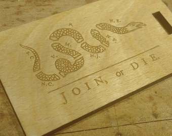 Join, or Die By Benjamin Franklin - Beautiful Wooden ID Name Tag Custom Made with Your Name & Address with optional Phone or Email Address