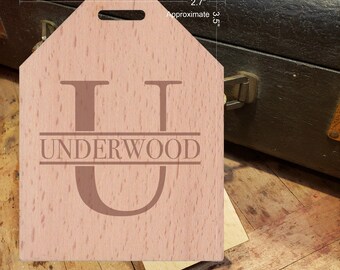 BOLD Initial U Featuring Your Last Name - Beautiful Wooden ID Name Tag Custom Made with optional Name, Address, Phone and/or Email Address