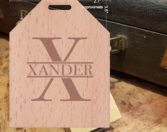 BOLD Initial X Featuring Your Last Name - Beautiful Wooden ID Name Tag Custom Made with optional Name, Address, Phone and/or Email Address