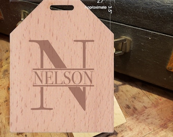 BOLD Initial N Featuring Your Last Name - Beautiful Wooden ID Name Tag Custom Made with optional Name, Address, Phone and/or Email Address