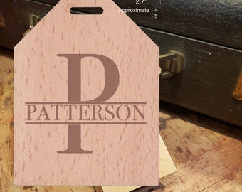 BOLD Initial P Featuring Your Last Name - Beautiful Wooden ID Name Tag Custom Made with optional Name, Address, Phone and/or Email Address