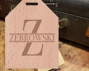 BOLD Initial Z Featuring Your Last Name - Beautiful Wooden ID Name Tag Custom Made with optional Name, Address, Phone and/or Email Address
