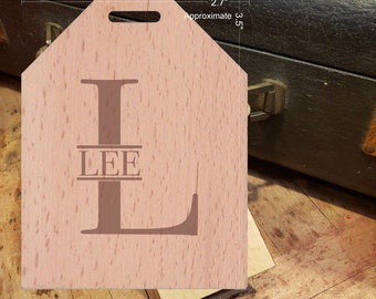 BOLD Initial L Featuring Your Last Name - Beautiful Wooden ID Name Tag Custom Made with optional Name, Address, Phone and/or Email Address