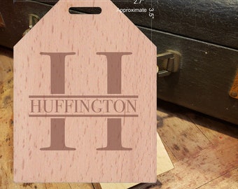 BOLD Initial H Featuring Your Last Name - Beautiful Wooden ID Name Tag Custom Made with optional Name, Address, Phone and/or Email Address
