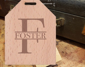 BOLD Initial F Featuring Your Last Name - Beautiful Wooden ID Name Tag Custom Made with optional Name, Address, Phone and/or Email Address