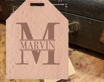BOLD Initial M Featuring Your Last Name - Beautiful Wooden ID Name Tag Custom Made with optional Name, Address, Phone and/or Email Address
