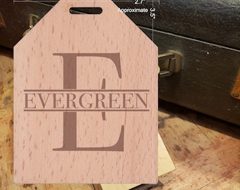 BOLD Initial E Featuring Your Last Name - Beautiful Wooden ID Name Tag Custom Made with optional Name, Address, Phone and/or Email Address