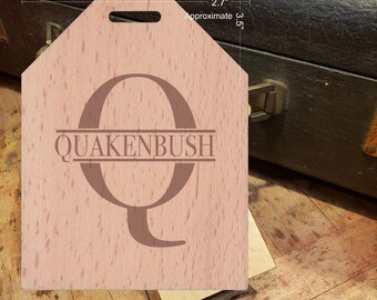 BOLD Initial Q Featuring Your Last Name - Beautiful Wooden ID Name Tag Custom Made with optional Name, Address, Phone and/or Email Address