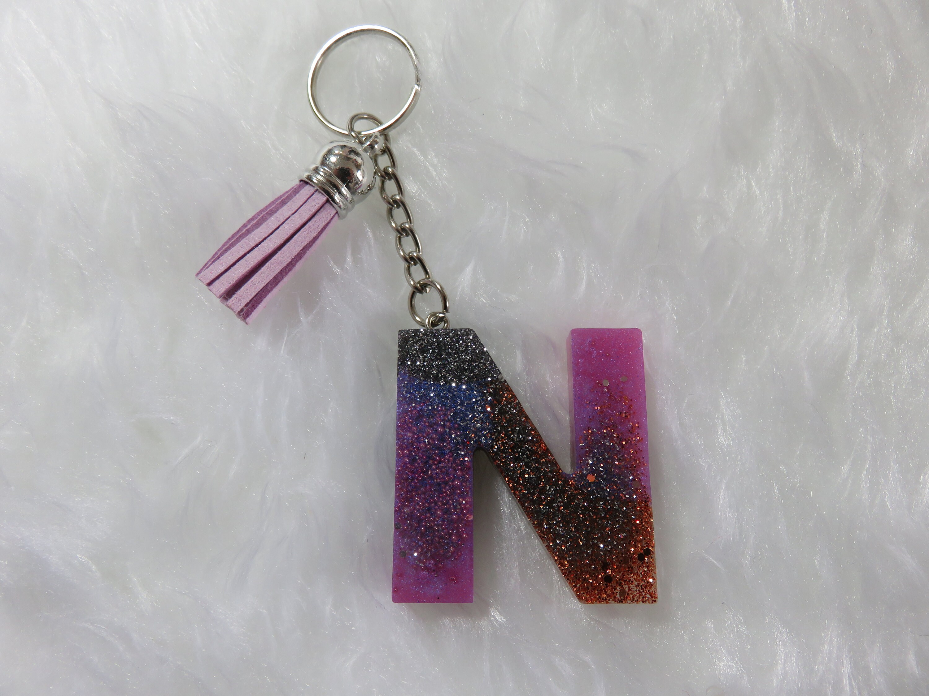 Multi Coloured Resin Glitter Letter N Keychain With Tassel Etsy