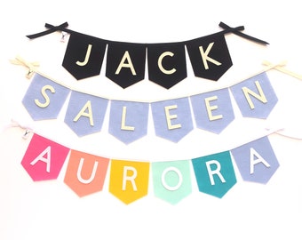 Personalized Name flag banner bunting, Square pennant garland, Custom nursery decor, Felt name wall hanging
