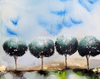 Large Abstract Treescape Painting, Forest Green Original Artwork (36x36 inches)