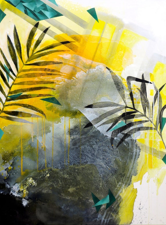 Yellow Abstract Painting Palm Tree Art Palm Leaf Landscape Etsy