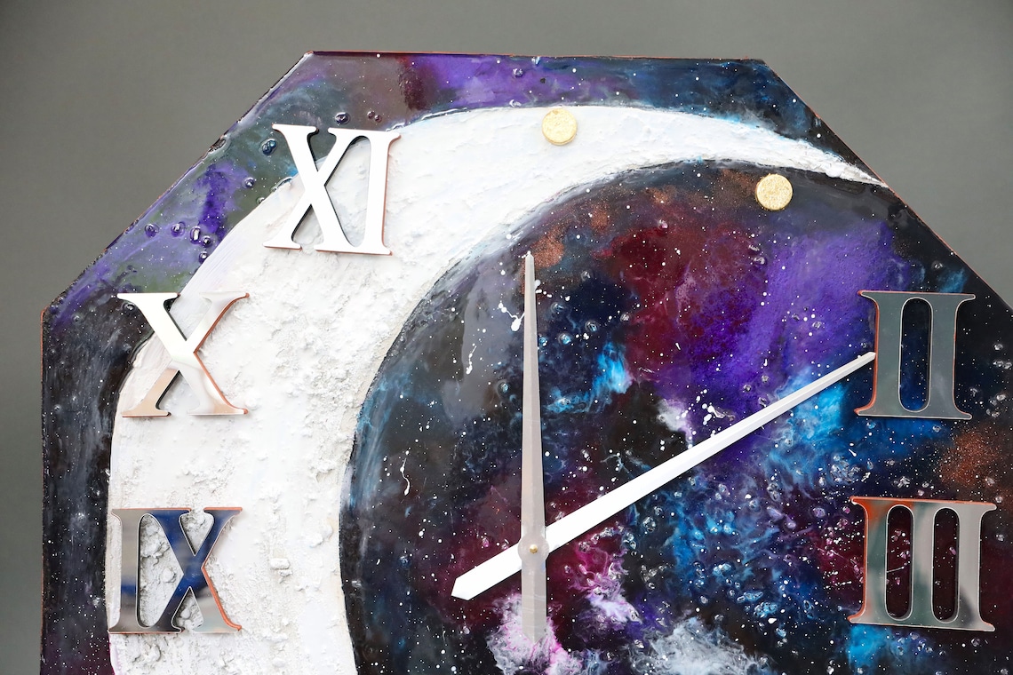 Large Galaxy Wall Clock, Moon Star Wall Clock, 3d Epoxy Resin Clock ...