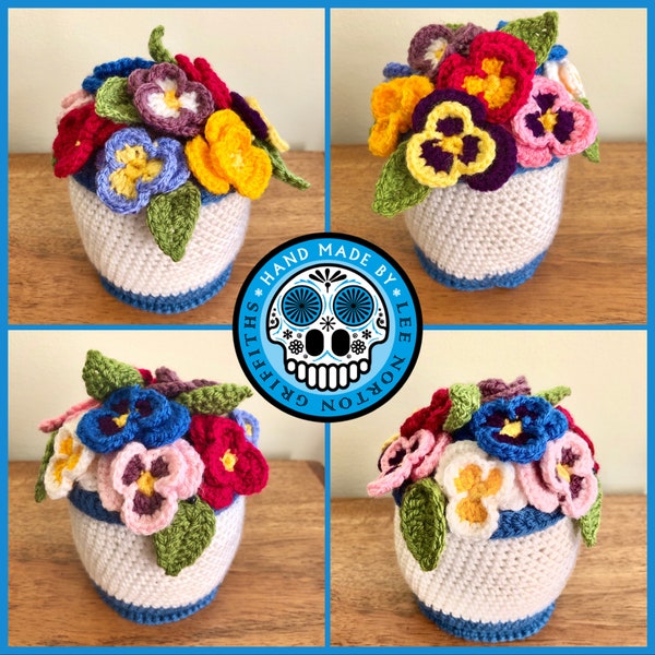 Crochet Viola pattern, crochet flower pattern, crochet pansy pattern, crochet flower pot pattern