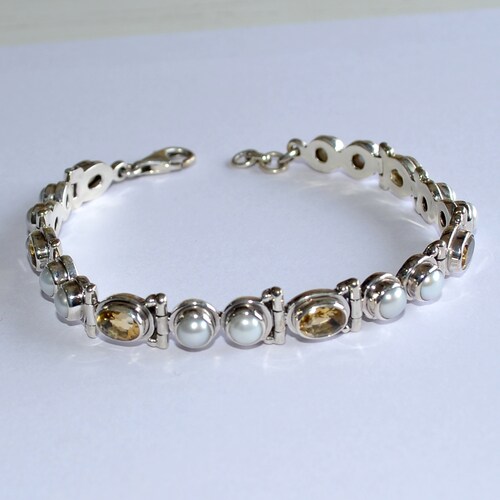 Citrine Pearl Bracelet Silver, shops 925 Sterling Silver Bracelet, Bracelet For Women, Yellow Citrine Bracelet, Tennis Bracelet, Gift For Her