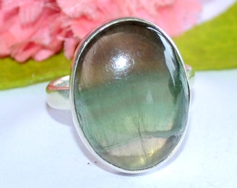 Fluorite Oval Shape Gemstone, 925 Sterling Silver Ring, Statement Jewelry, 925 Silver Ring, Bezel Set Ring, Gift For Valentine's Day