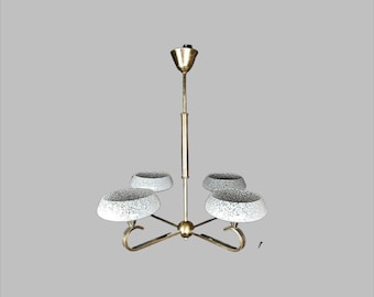 Art Deco chandelier stylish French vintage 1940s design, quality bronze / brass fixture in unique design, shades in elegant form