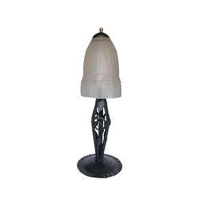 Vintage Art Deco Lamp: Muller Freres Glass Shade, Hammered Steel Base