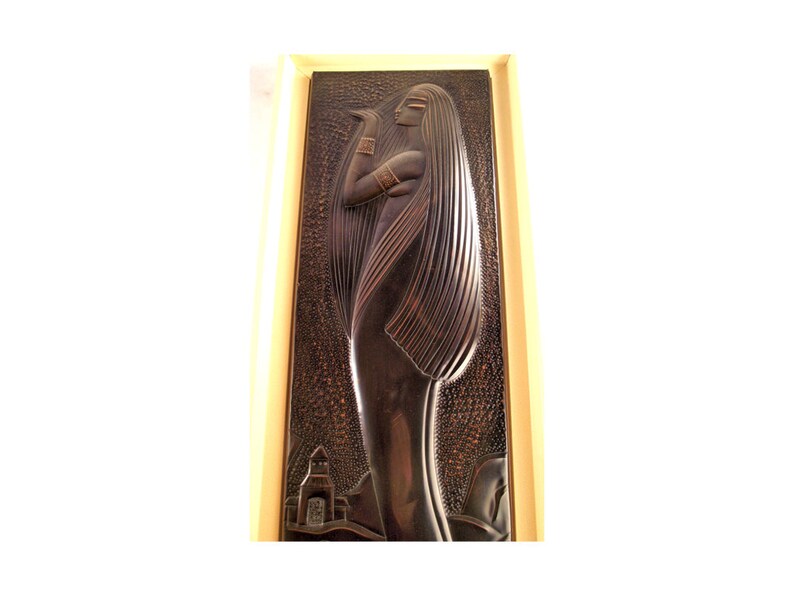 ART DECO hammered metal sculpture dinanderie of stylish female nude, dark brown patina, collectible art work. image 1