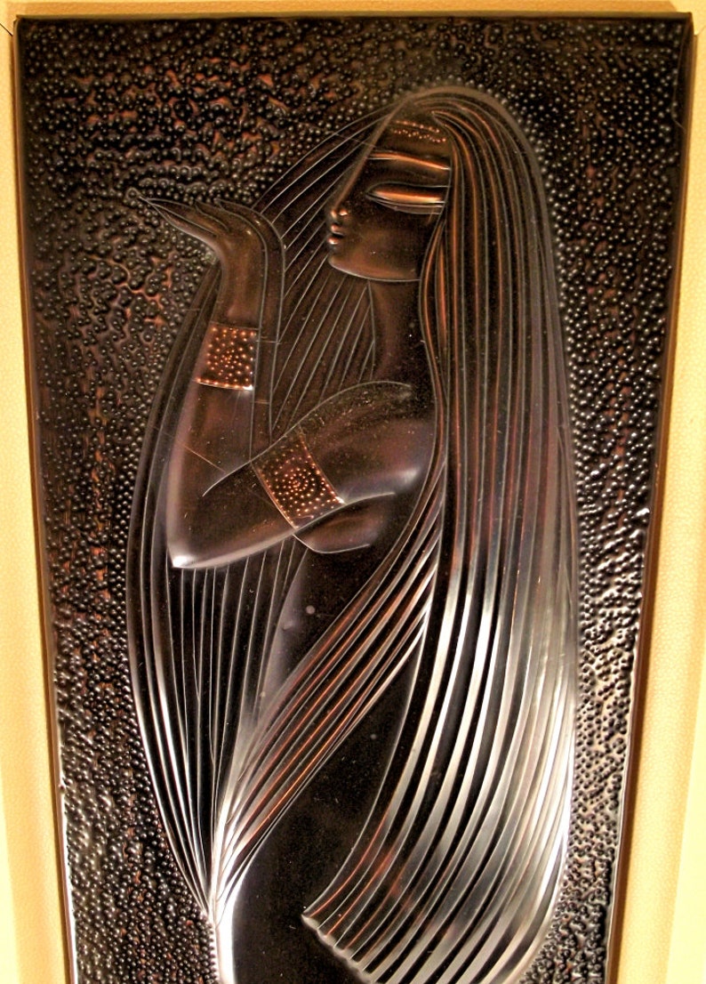 ART DECO hammered metal sculpture dinanderie of stylish female nude, dark brown patina, collectible art work. image 4