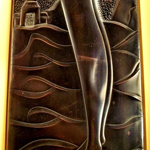 ART DECO hammered metal sculpture dinanderie of stylish female nude, dark brown patina, collectible art work. image 5