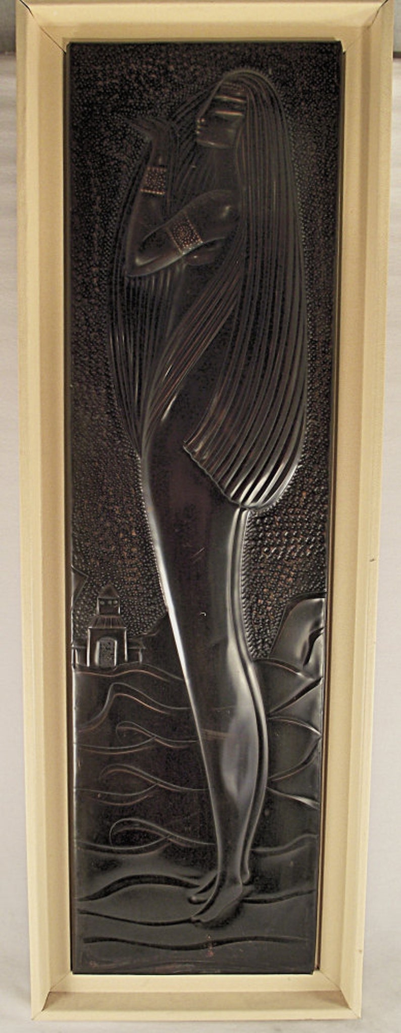 ART DECO hammered metal sculpture dinanderie of stylish female nude, dark brown patina, collectible art work. image 2