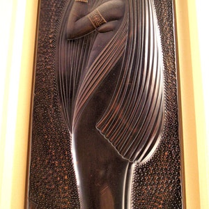 ART DECO hammered metal sculpture dinanderie of stylish female nude, dark brown patina, collectible art work. image 3