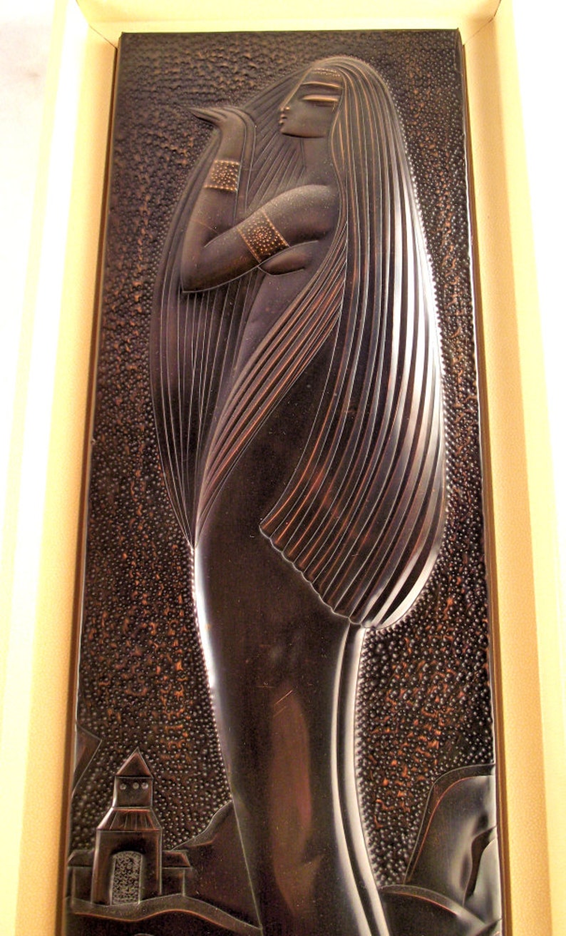 ART DECO hammered metal sculpture dinanderie of stylish female nude, dark brown patina, collectible art work. image 3