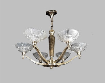 GENET et MICHON large French  Art Deco chandelier, 31" diameter, PETITOT style shades, elegant chandelier for dining room, France c 1930