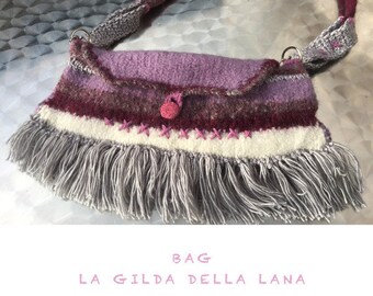 BAG, unique handmade, boho, grey pink, LA GILDA della Lana, fringes, Woolen Art, gifts women, sustainable, folk art, spring