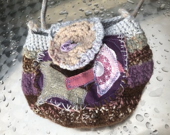 Sac, unique fait main, boho, Im ALL DER ENGEL, violet, marron, crocheté, art unique, shabby chic, rétro, durable, art populaire, printemps