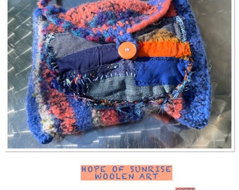 Bag, boho, blue orange, unique handmade, HOPE OF SUNRISE, upcycling, gifts for women, folk art, wool, felt, sustainable, maritime