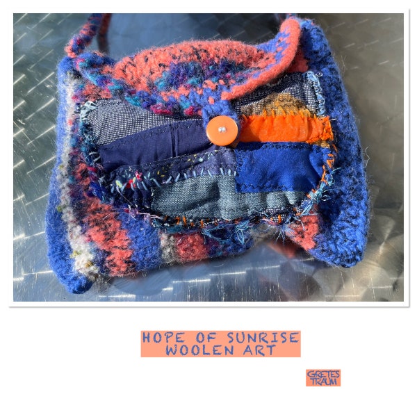 Sac, boho, bleu orange, une planète, HOPE OF SUNRISE, upcycling, cadeaux pour femmes, art unique, laine, feutre, durable, éco, ethno, maritime