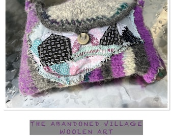 Bag, unique handmade, boho, purple grey, THE ABANDONED VILLAGE, unique art, felt, gifts for women, upcycling, sustainable, folk art