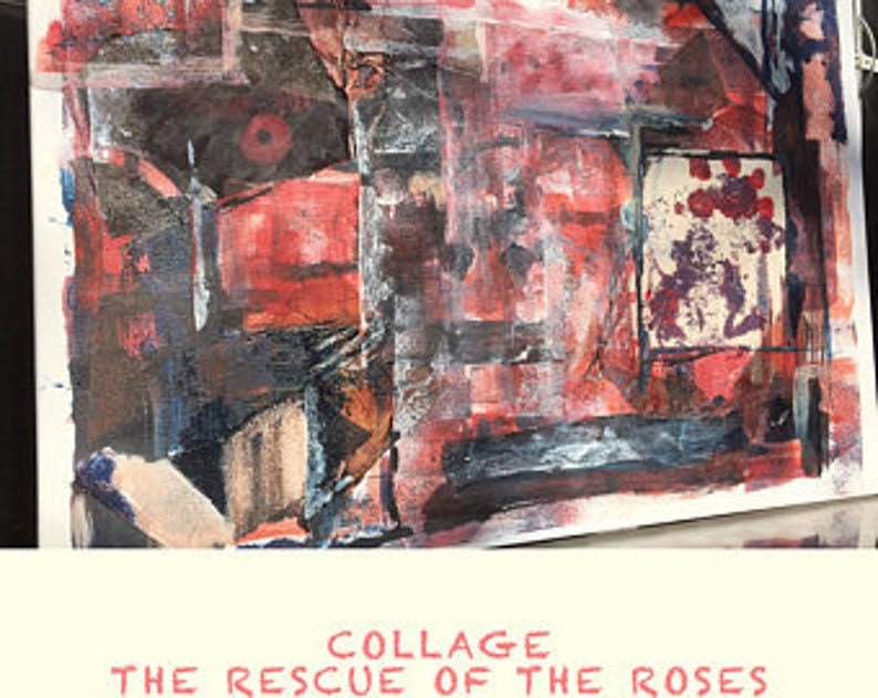 Collage, Gemälde Original, THE RESCUE of the ROSES, unique canvas art, rot, schwarz, Frühling, Natur, folk art zdjęcie 2