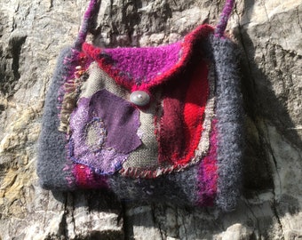 Bag, unique handmade, boho, pink purple grey, BISOUS, PETITE FLEUR, woolen art, ethno, gifts for women, folk art, upcycling, sustainable