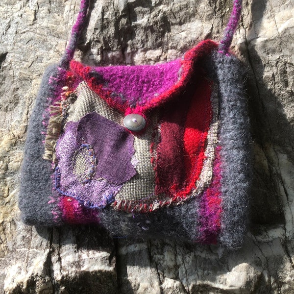 Bag, unique handmade, boho, pink purple grey, BISOUS, PETITE FLEUR, woolen art, ethno, gifts for women, folk art, upcycling, sustainable