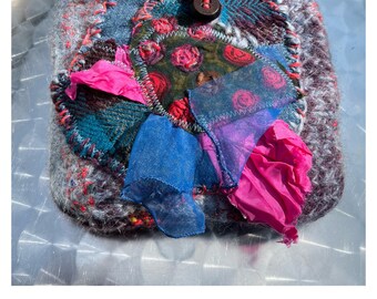 Bag, unique handmade, boho, blue red pink, THE ENCHANTED GARDEN, unique art, folk art, gifts for women, spring, cell phone case