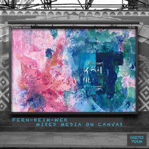 PITTURA, originale, unico, telaio in tela, blu rosa, FERNHEIMWEH, arte su tela unica, arte popolare, astratto, tecnica mista