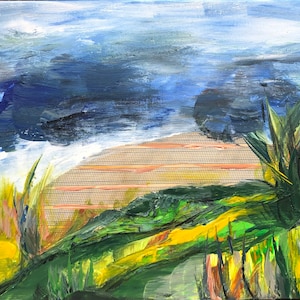 PAINTINGS, original paintings, HOPE ANALYTICS, unique canvas art, abstract, landscape, green, blue, yellow, art, unique, mixed media, acrylic