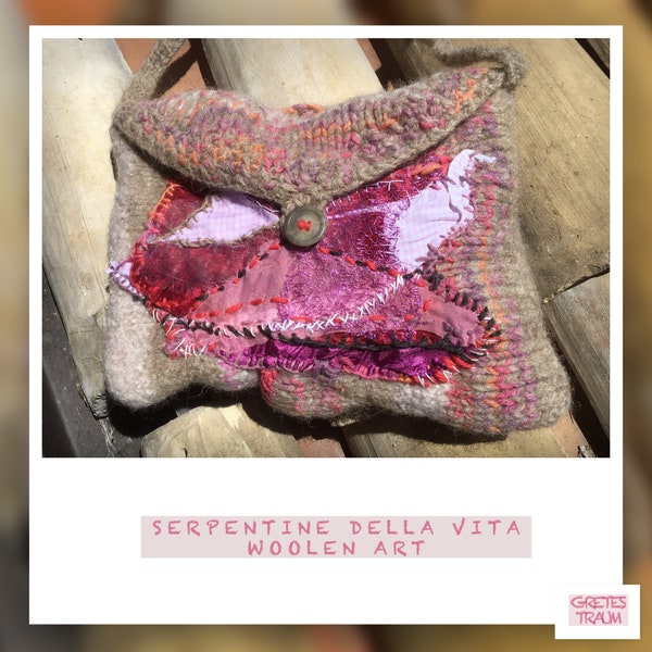 Sac, boho, rose violet, une planète, SERPENTINE DELLA VITA, feutre fait main unique, rétro, art populaire, durable, cadeaux femmes, printemps