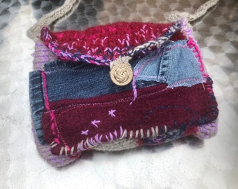 Bag, unique handmade, boho, blue red, FROM GOOD POWERS..., woolen retro, folk art, gifts women, ethnic, jeans, patchwork