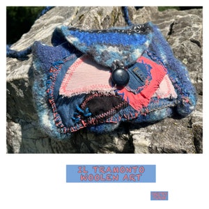 Tasche, Unikat handgemacht, boho, IL TRAMONTO, blau rosa, unique art, folk art, upcycling, nachhaltig, Geschenke Frauen, Frühling, Urlaub