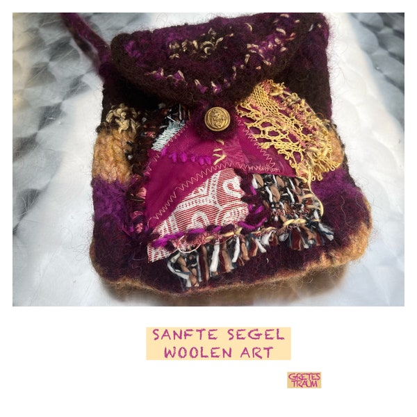 Sac, boho, or, GENTLE SAILS, unique fait main, étui pour téléphone portable, feutre, art populaire, upcycling durable, cadeaux pour femmes, printemps