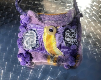 BAG, unique handmade, boho, purple yellow, MASQUERADE, upcycling, woolen art, folk art, unique art, gifts for women, spring, cell phone case