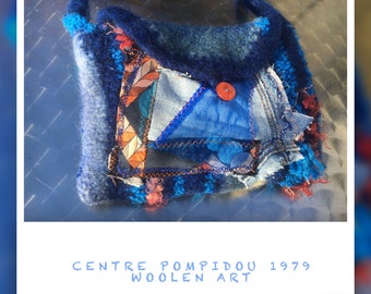 Bag, unique handmade, boho, blue orange, CENTRE POMPIDOU, sustainable, 1979, retro, folk art, upcycling, woolen art, gifts women